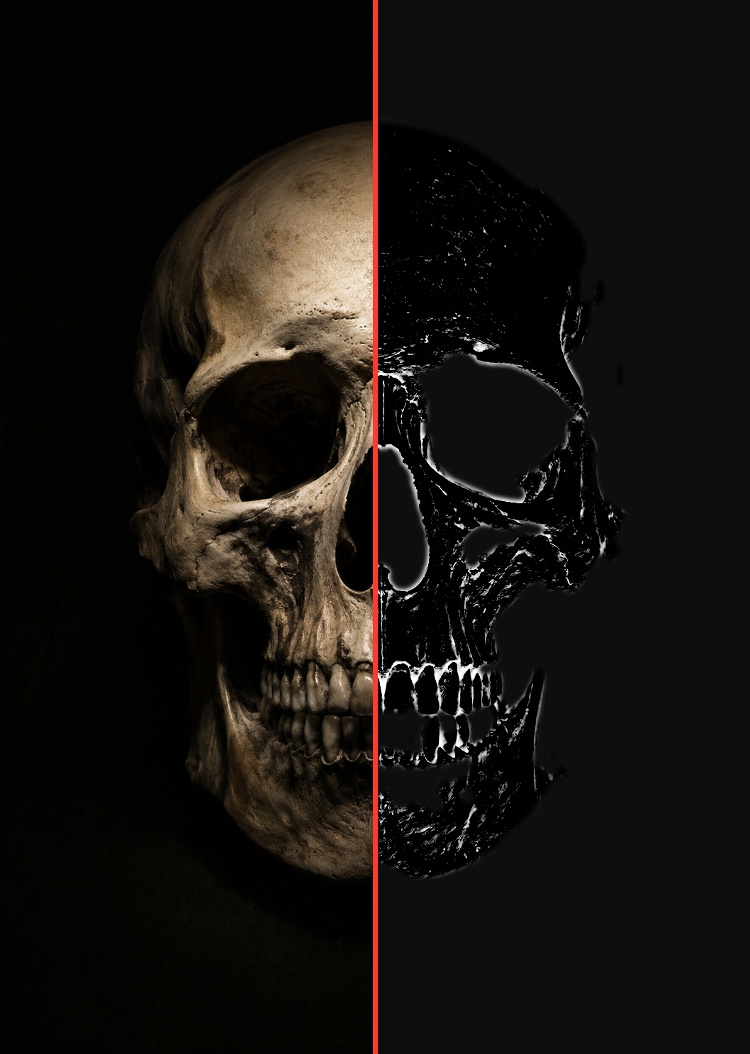 A skull shown as a photograph on the left resolving into a clean stencil on the right, split by Inkline's red threshold line.
